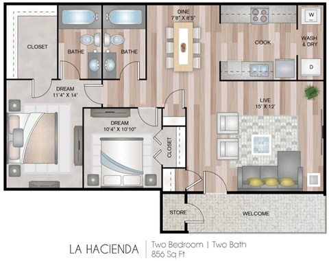 Floor plan for 2 beds, 2 baths, 856 sqft